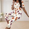 Women Plus Size Round Neck Short Sleeve Printed Horse Pattern White Flared Top Capri Pants Two Piece Loungewear Set