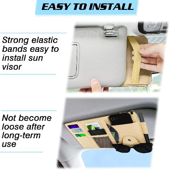 Car Sun Visor Organizer, Leather Pocket Organizer Sunglass Holder For Car Interior Accessories With Multi-Pocket Net Zipper (Beige)