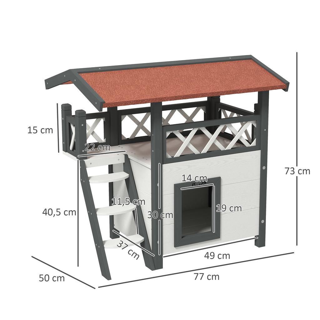 Cat House Outdoor w/ Balcony Stairs Roof, 77 x 50 x 73 cm, White