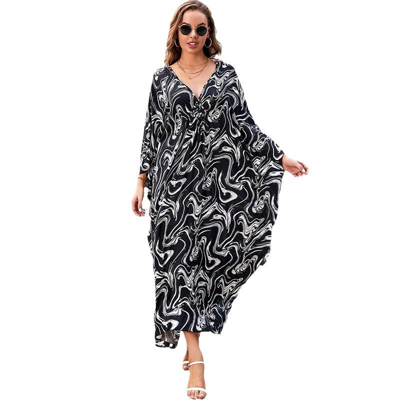 European & American Cotton Print Plus Size Loose Beach Dress Cover-Up for Women