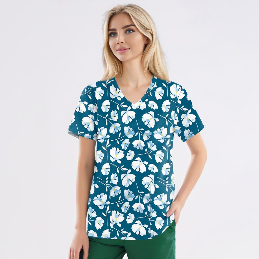 Рабочая форма больших размеров с принтом, топы для женщин, забавные футболки с v-образным вырезом и короткими рукавами, рабочая одежда, футболка с карманами