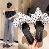 Fashion Oversize Bowtie Mule Shoes Women Fashion Pointed Toe Stripe Wave Slip-on Sandals Ladies Luxury Satin Silk Outdoor Flat Slippers