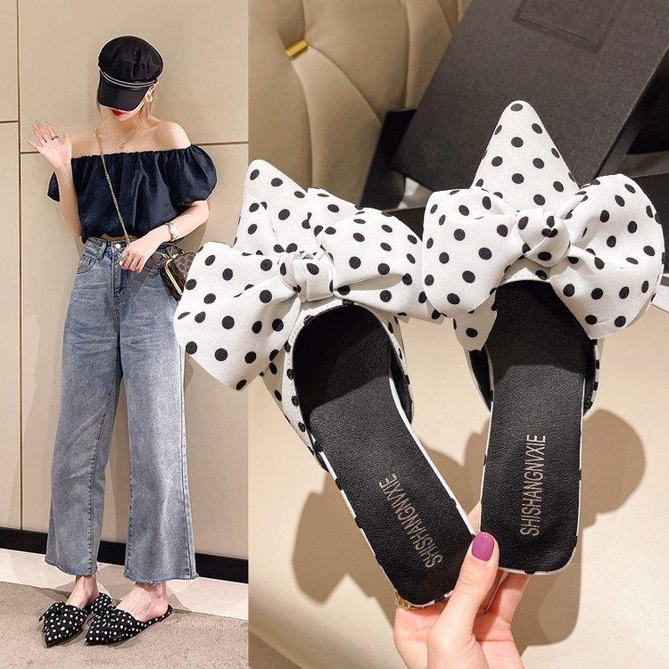 Fashion Oversize Bowtie Mule Shoes Women Fashion Pointed Toe Stripe Wave Slip-on Sandals Ladies Luxury Satin Silk Outdoor Flat Slippers