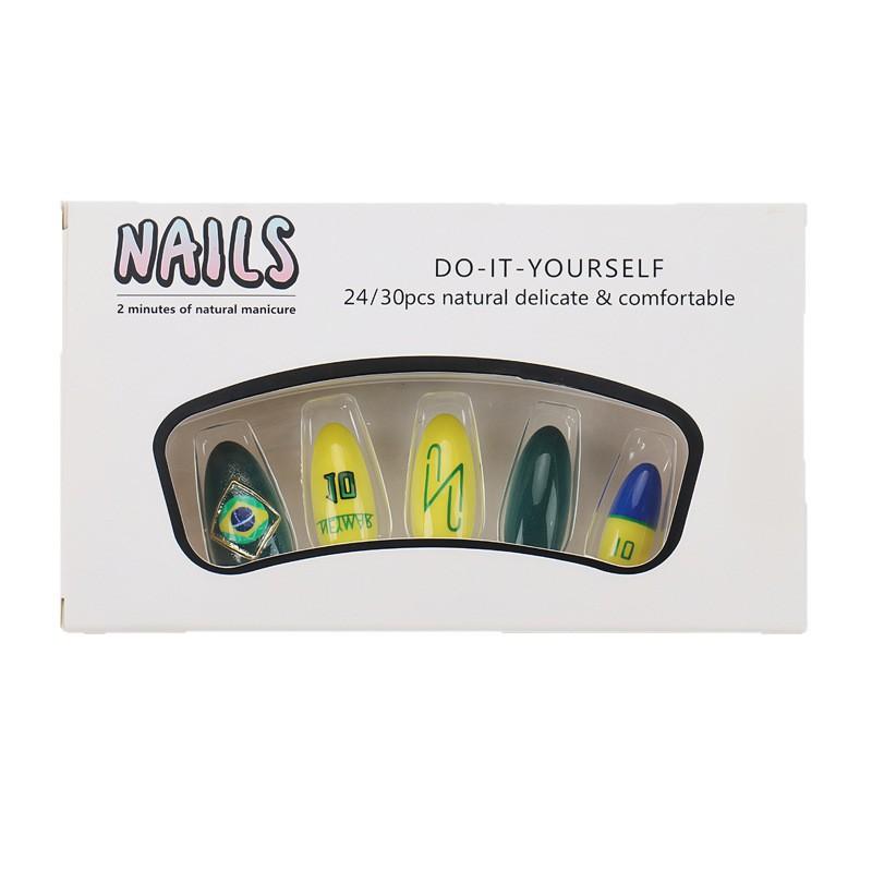 Wearable Nails, Sports Vibrant World Cup Theme Wearable False Nails, Yellow And Blue Contrast French Manicure Pieces