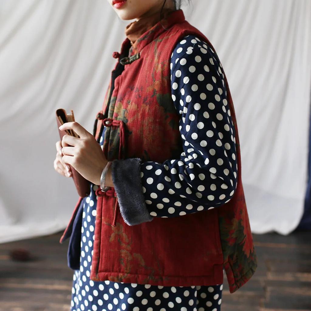 Johnature Женские винтажные красные жилеты с цветочным принтом, пальто со стойкой, теплая хлопковая одежда, осенние жилеты на пуговицах в китайском стиле, пальто