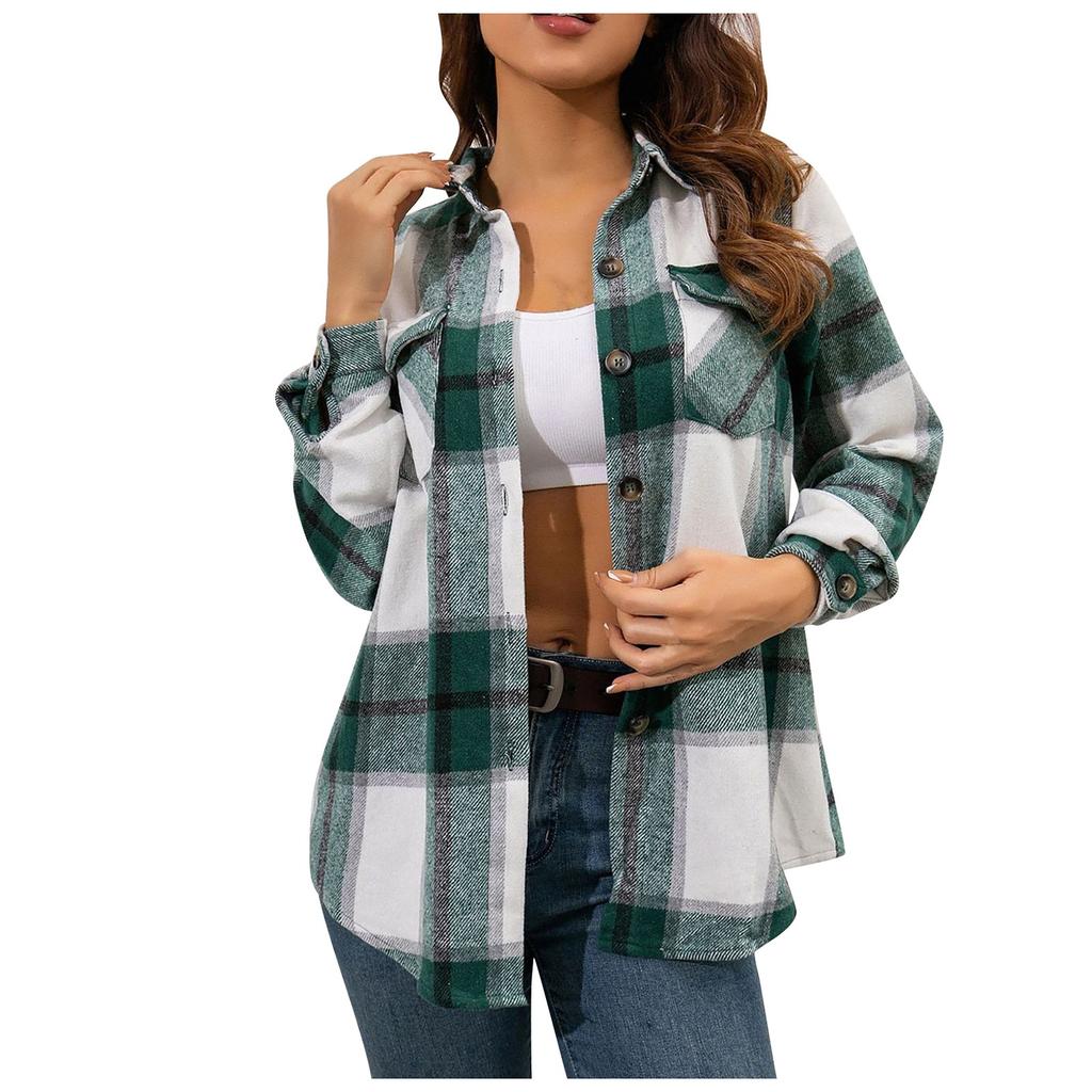 Модная женская повседневная свободная шерстяная плюшевая клетчатая куртка-рубашка с длинными рукавами