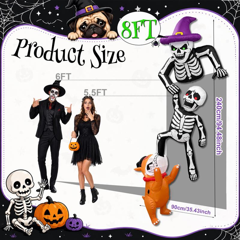 8FT Inflatable Halloween Decorations, Featuring a Dog Biting a Climbing Skeleton, Suitable for Patios, Rooftops, and Parties