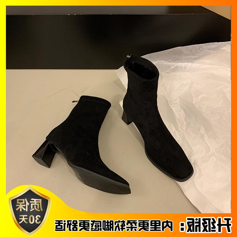 Новые туфли на высоком каблуке из тонкой замши, женские ботинки Martin, короткие ботильоны, бархатные ботильоны, осенне-зимняя квадратная головка, корейская мода
