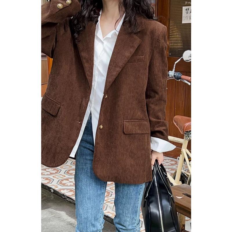 Женский однобортный пиджак из вельвета карамельно-коричневого цвета, модный пиджак свободного кроя в европейском стиле, однотонный цвет
