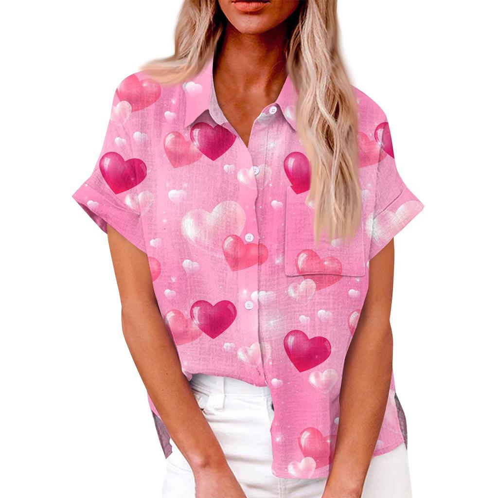 Женская свободная повседневная рубашка с короткими рукавами и отворотом с цифровым принтом и карманом