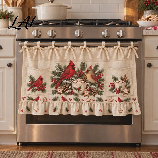 Handmade Holiday Oven Cover Christmas Skirt with Pockets Festive Snowflake Elk Red Birds Santa Stove Curtain for Home Cooking Essentials Kitchen