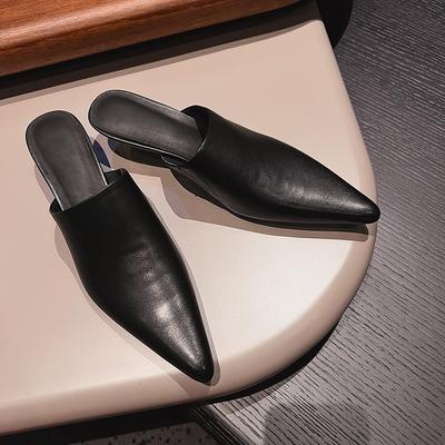 Мода 2025 Лето Женские Сандалии Обувь из Натуральной Кожи для Женщин Острый Носок Средний Каблук Женские Сандалии Закрытый Носок Массивный Каблук Женские Мюли