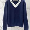 26 early autumn new fashion lazy wind splicing V-neck knitted sweater, classic wool heavy industry letter embroidered top