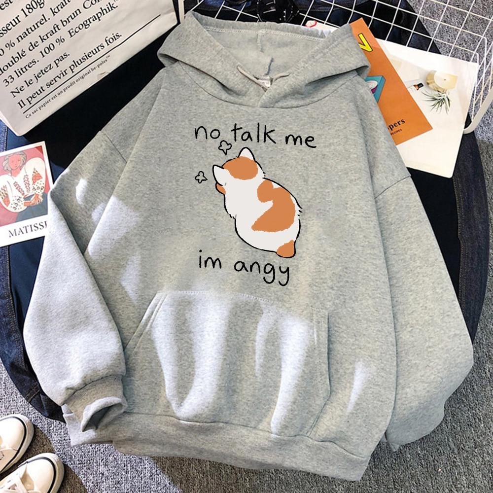 Fun No Talk Me Cute Angry Cat Print Women Hoodie Casual Oversized Pullover Popular Sweatshirt Fashion Unisex Clothing