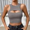 Women Summer Sleeveless O Neck Solid Color Knitted Bare Midriff Vest Hollow Out Crop Top