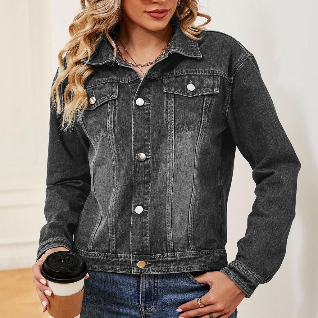 Женская модная универсальная классическая ретро джинсовая куртка однотонного цвета с лацканами, длинными рукавами и карманами