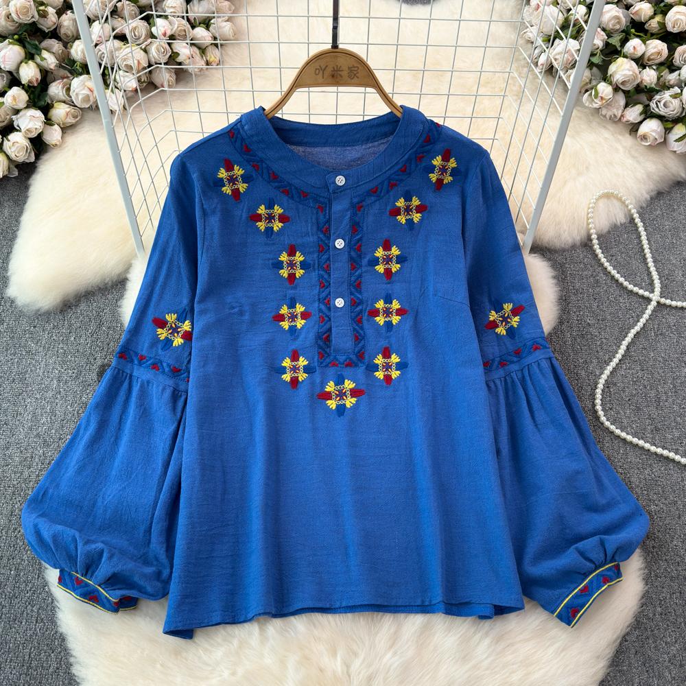 Женская блузка в этническом стиле с круглым вырезом и вышитыми рукавами-фонариками в стиле ретро, летние женские топы с цветными блоками