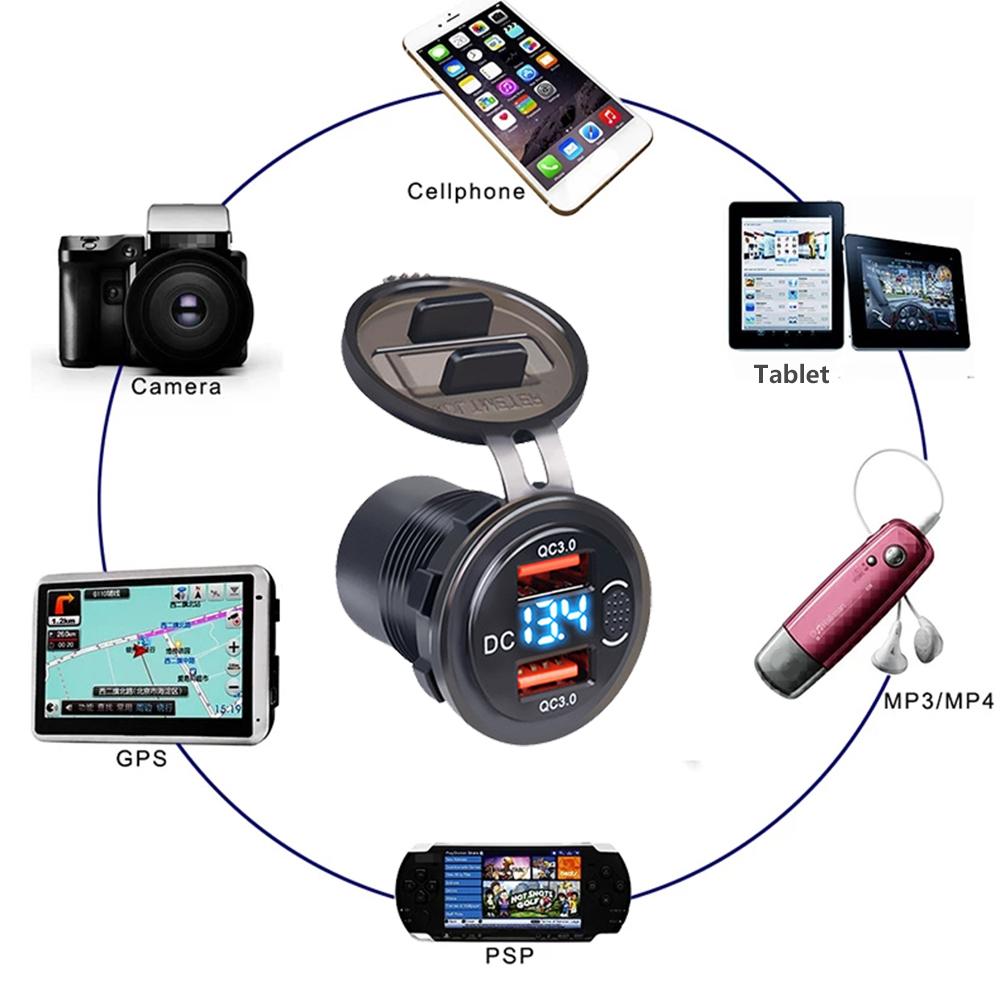 Автомобильное зарядное устройство с двумя USB-портами, 12–24 В, 36 Вт, адаптер быстрой зарядки QC 3,0 с переключателем, светодиодный дисплей напряжения, водонепроницаемое автомобильное зарядное устройство