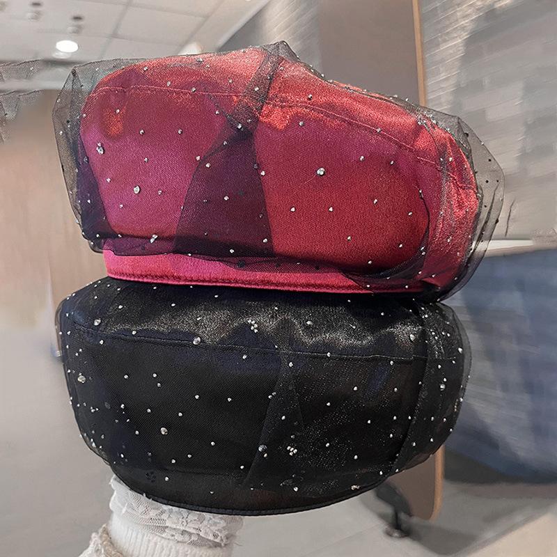 New rhinestone mesh beret women's spring autumn and winter fashion versatile face small painter hat hollow knitting