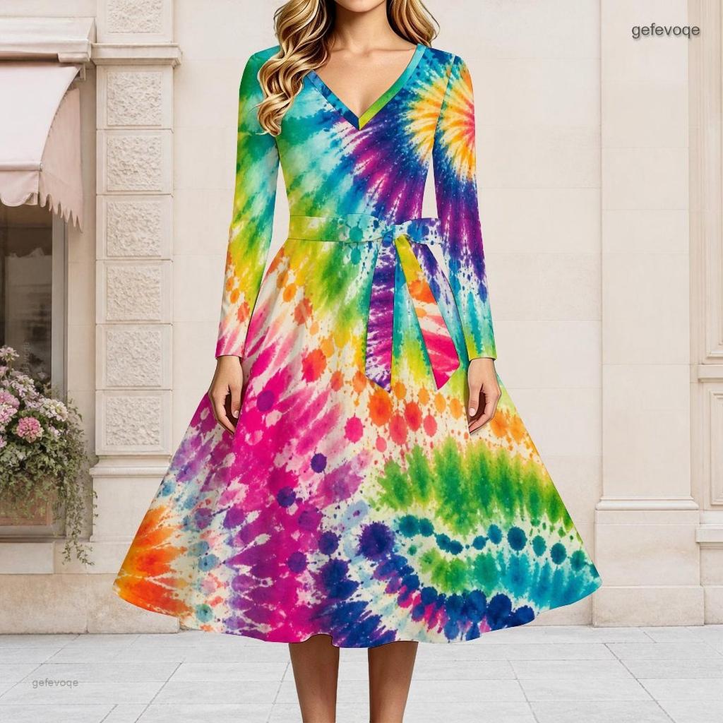 Женское платье большого размера с V-образным вырезом, длинным рукавом, разноцветным принтом, А-силуэта, расклешенное, с поясом