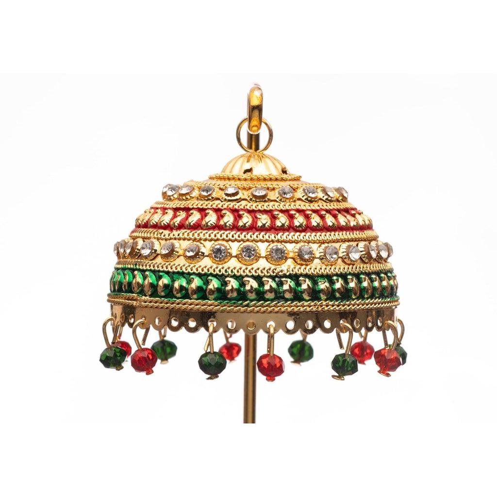 Metal Umbrella Chhatra with Hanging Crystals for Car Dashboard/Office Desk/Table/Home Decor Showpiece, Chatri Aasan for God Murt