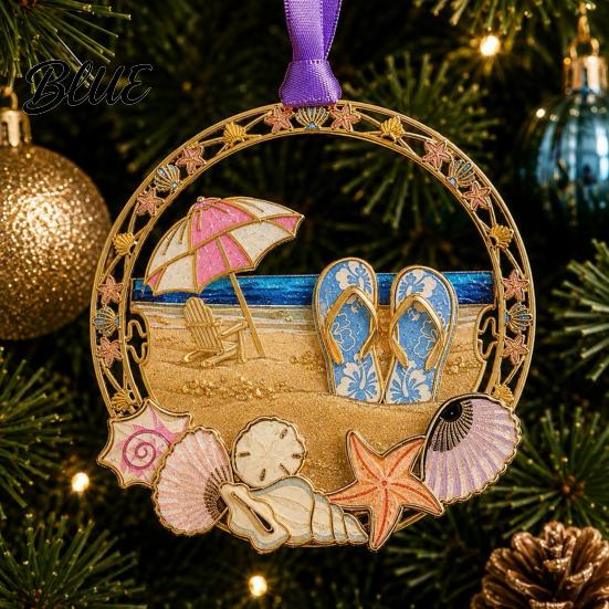 Beach Theme Holiday Decorations Christmas Ornaments Vacation Themed Tree Hanging Decoration Acrylic Lightweight Metal Pendants Slipper Shell