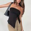 Casual Solid Strapless Sleeveless Tube Top Irregular Side Slit Tops Drawstring Tie Up Slim Off Shoulder Tank Sexy Summer Vacation Holiday Top