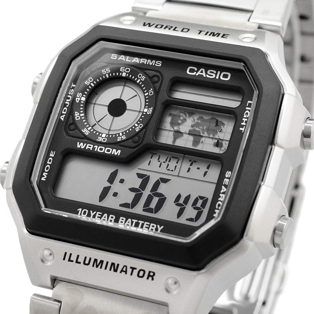 Casio Мужские цифровые часы с мировым временем AE-1200WHD-1AV, серебристый металлический браслет, международная модель, параллельный импорт