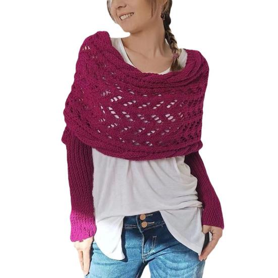 Knitted Cable Wrap with Sleeves Solid Color Hollow Twist Crochet Pattern Women Shawl Scarf