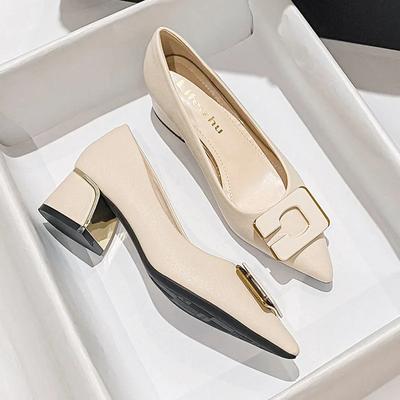 Туфли больших размеров для женщин Туфли-лодочки на толстом каблуке Весна Новая мода OL с острым носком Туфли из кожи на высоком каблуке