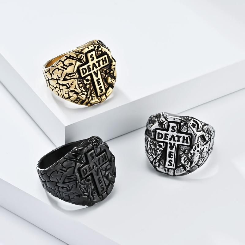 Men's Vintage Cross Titanium Steel Ring Bully Niche Design Stone Pattern Skull Jewellery Gold Rapper Wear Finger Ring