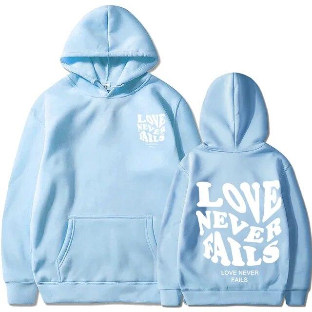 Love Never Fails Print Letter Hoodies Unisex/Women Sweatshirt Black Autumn Vintage Oversized Harajuku Loose Tops Casual Pullovers