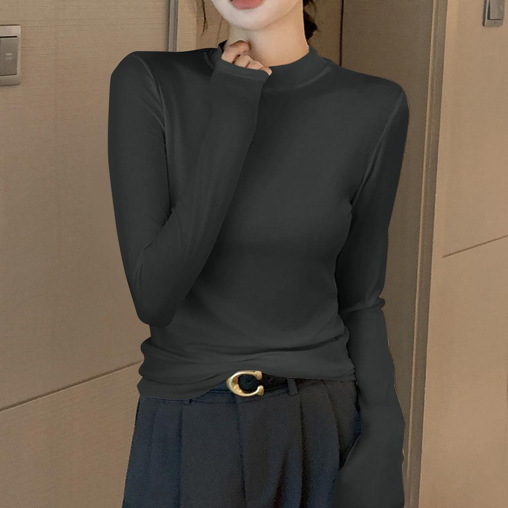 Женская однотонная однотонная футболка с полувысоким воротом и длинным рукавом