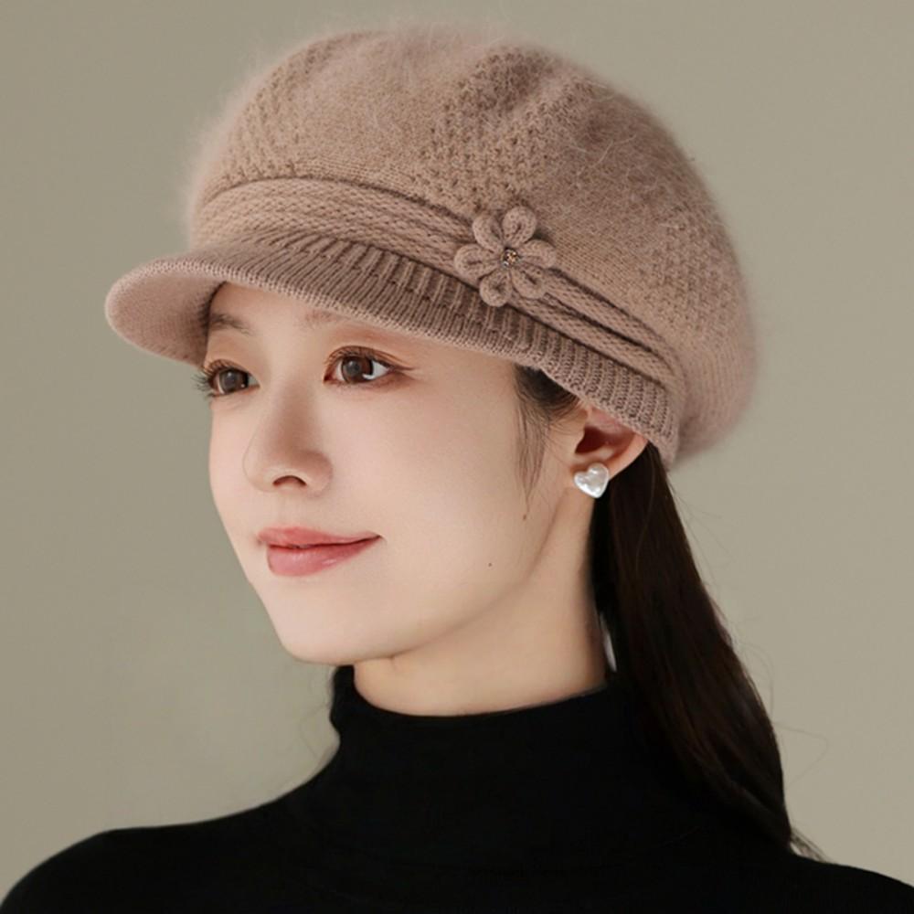 Women Fashion Winter Warm Hat Flower Design Plush Fur Lined Warm Hats For Women Casual Rabbit Fur Blend Outdoor Knitted Cap
