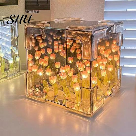 Flower Night Light Handmade DIY Tulips Cube Mirror Lamp Soft Glow Easy to Install Romantic Desktop Decoration Tulip