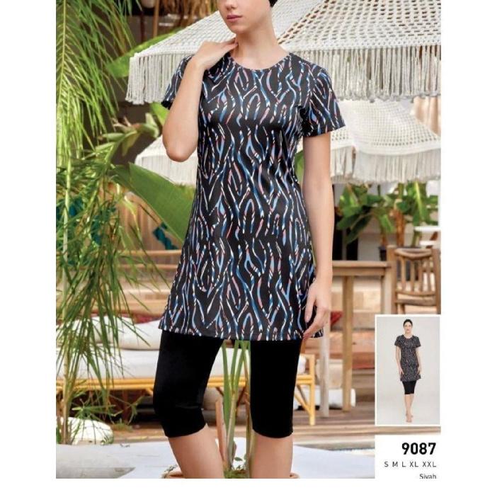 Летний цветочный купальный костюм 2025 с принтом - Комплект: туника с коротким рукавом и укороченные леггинсы - Мусульманский купальник - Пляжная одежда с защитой от УФ-лучей - Летний буркини