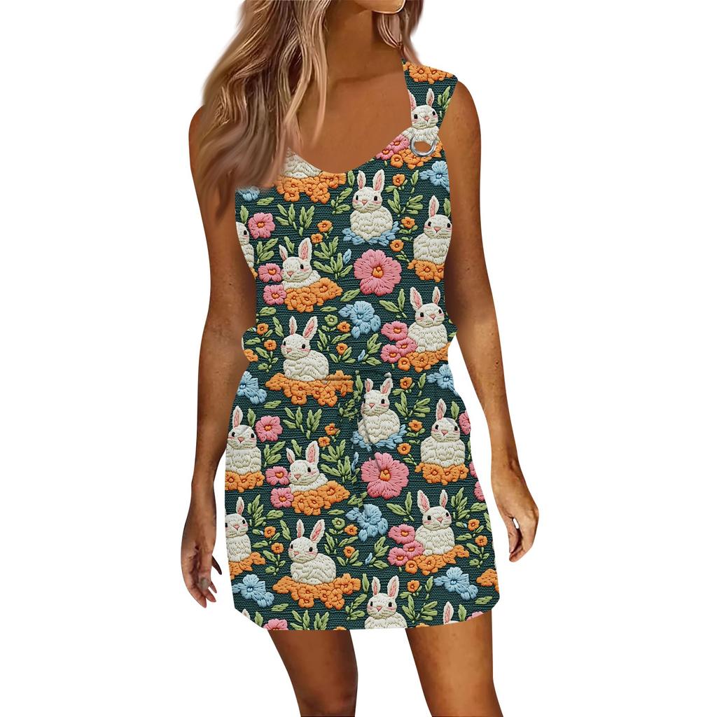 Women's Fashion Casual Easter Printed Sleeveless Drawstring Dress With Pockets