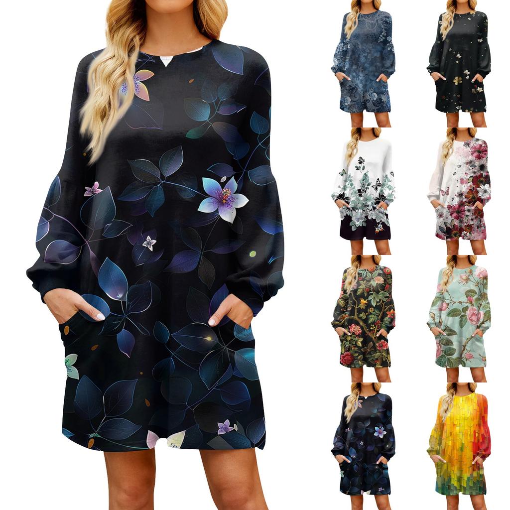 Fashion Womens Long Sleeve A Line Dress Fall Casual Pullover Crewneck Loose Fit Dress With Pockets
