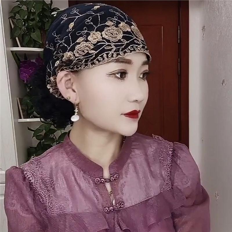 Breathable Floral Embroidery Lace Turban Cap for Women