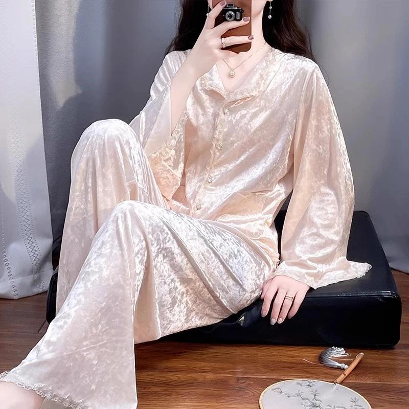 Новая женская мягкая велюровая пижама из 2 предметов, женский пижамный комплект с лацканами, наряды из французского бархата для дома