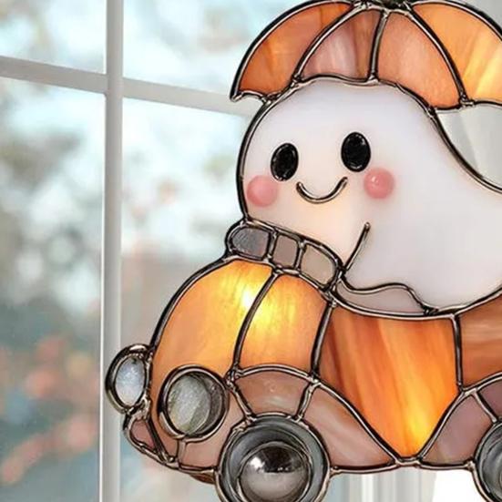 Halloween Pendant Witch Ghost Ride Shape Pendant Image Stained Glass Window Hanging Ornament Festivals Halloween Decoration