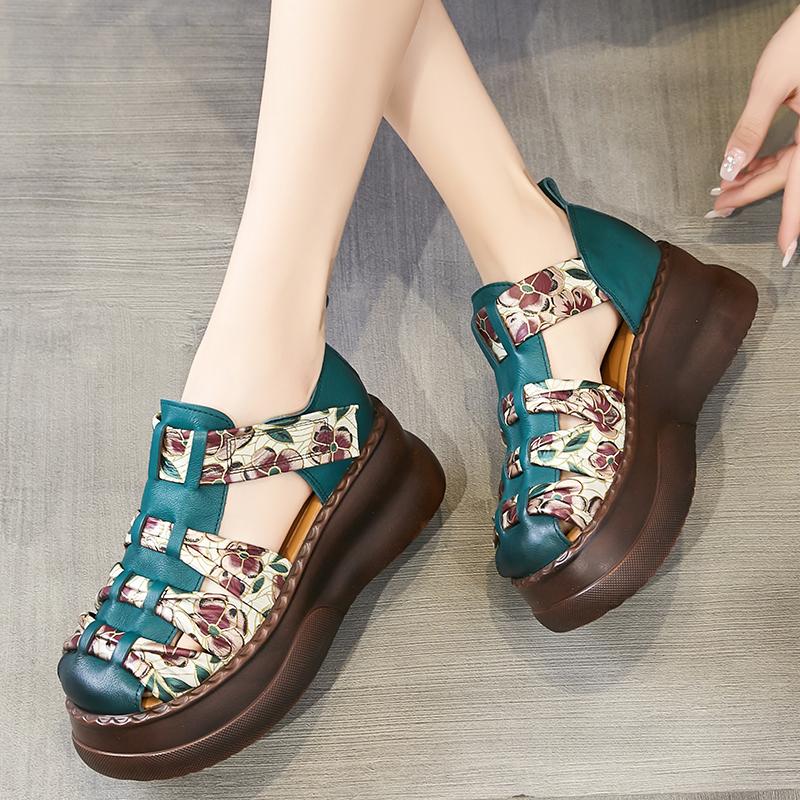 Retro Sandals 2024 Summer New Hook & Loop Round Toe Genuine Leather Comfortable Thick Bottom 6cm Women's Platform Shoes