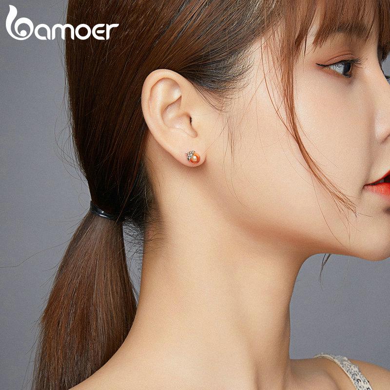 Bamoer Stud Earrings for Women 925 Sterling Silver Oxidized Silver Ear Studs Shining Acorns Engagement Statement Jewelry