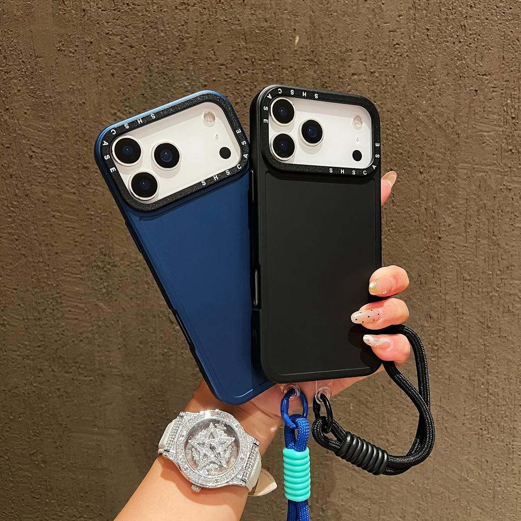 For iPhone 17 Pro Case Black Lens Frame Metal Paint Finish PC + TPU Phone Back Cover with Wrist Strap