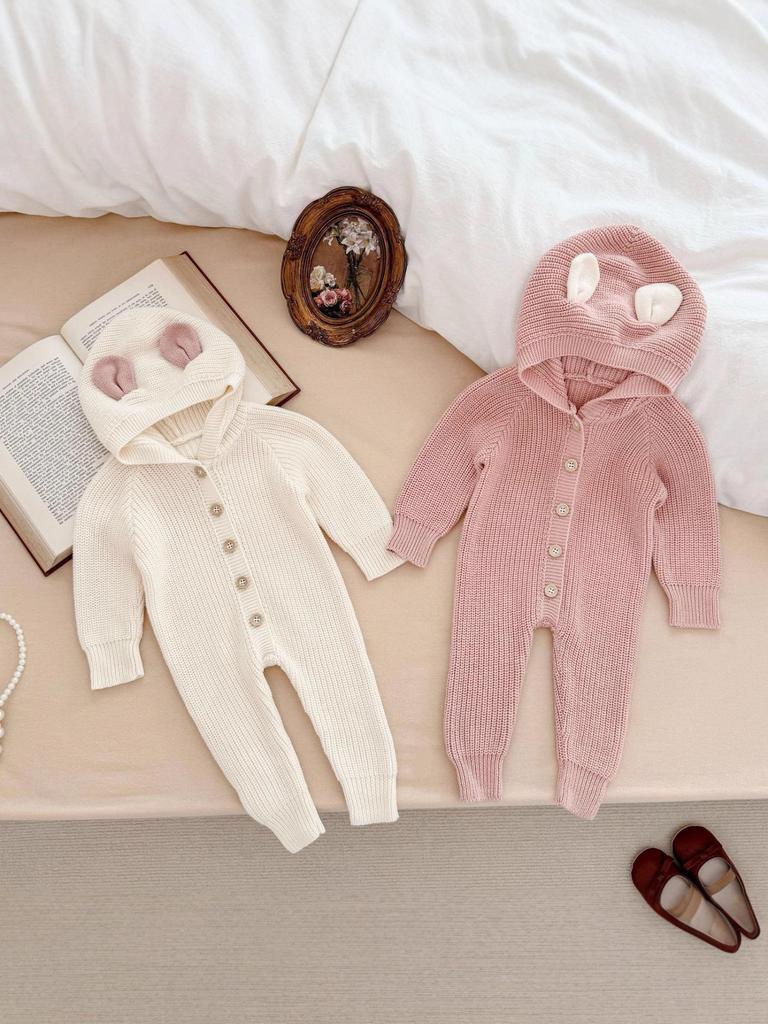 Корейский стиль Унисекс Детский ромпер с капюшоном с ушками кролика - Осенне-зимний хлопковый костюм