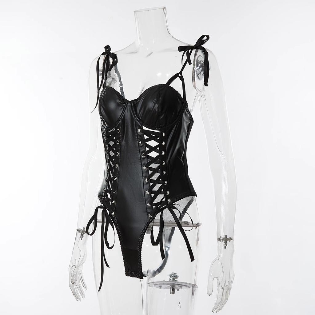 Women's Leather Hollowed Out Strap And Camisole One-piece Fun Lingerie Set