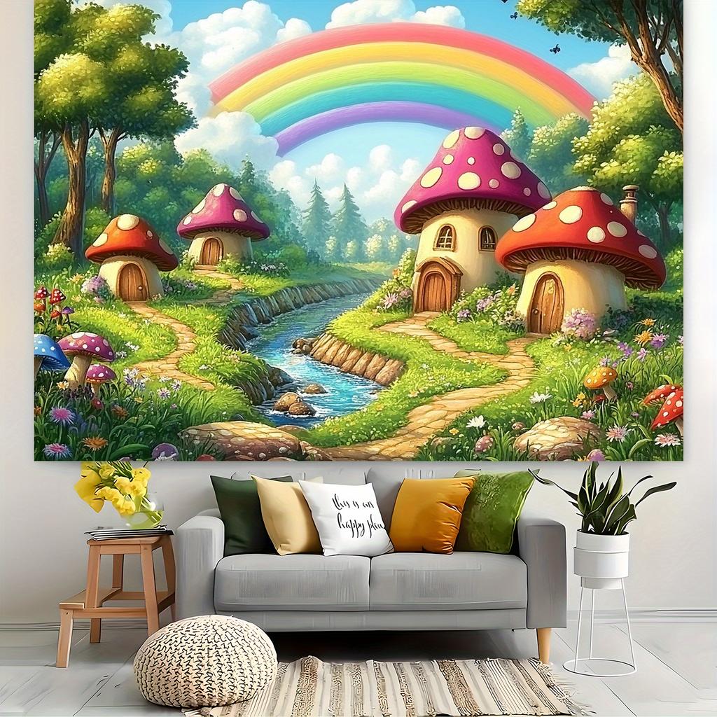 One piece of rainbow mushroom house fairy tale forest cartoon background fabric party banner dreamy forest river rainbow