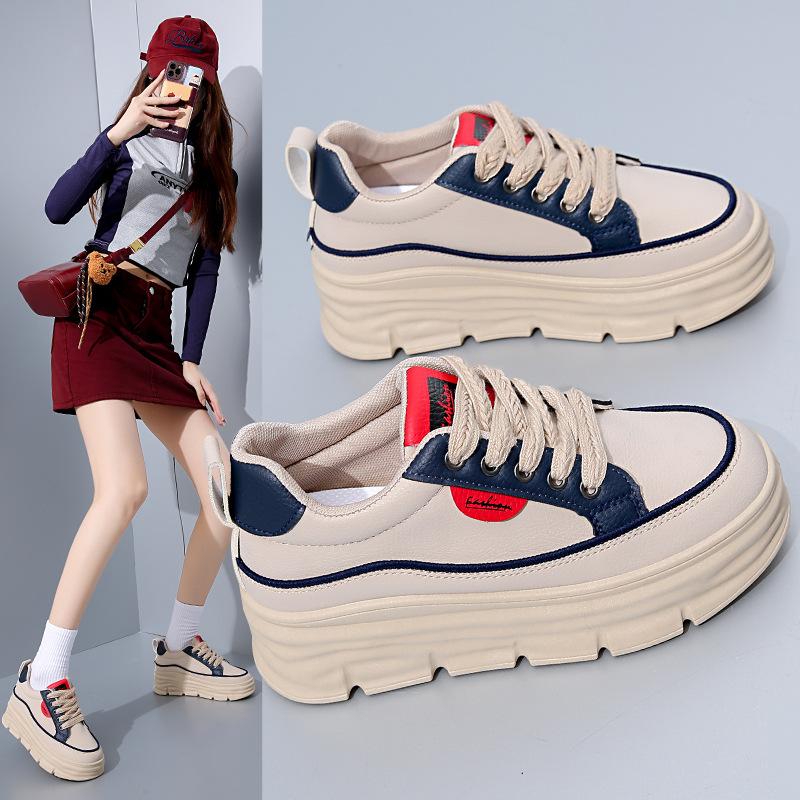 Повседневная обувь для ходьбы для женщин. Удобные кроссовки из искусственной кожи со шнуровкой на толстой платформе. Нескользящие теннисные кроссовки. Женские дышащие кроссовки для бега.