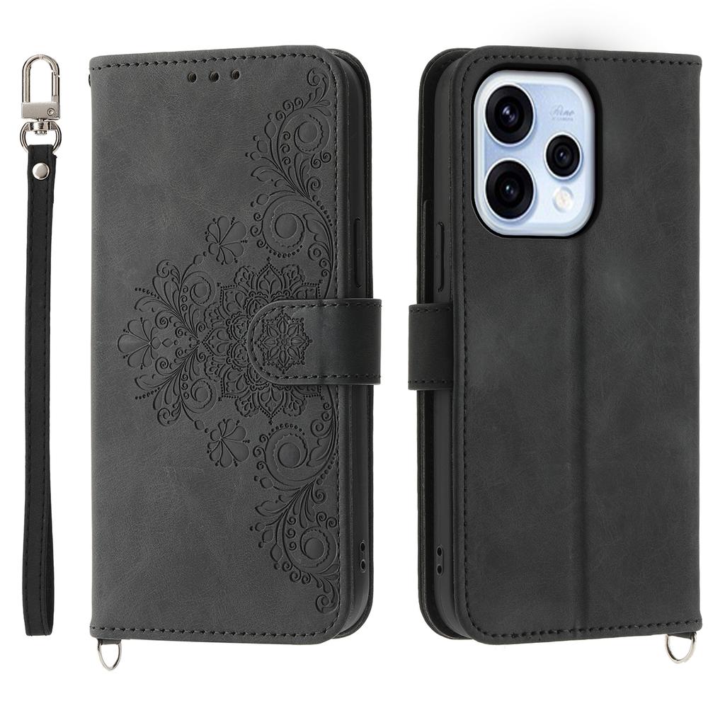 For Oppo Reno15 5G (Global) / Reno15c 5G (China) Wallet Case Flower Pattern PU Leather Phone Cover with Strap