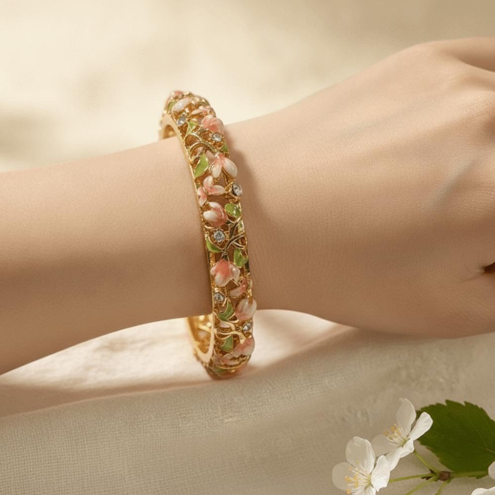 Enamel Chinese Flower Bangle Hollowed Floral Women's Hand Bracelet Vintage Cloisonne Bangle Ladies